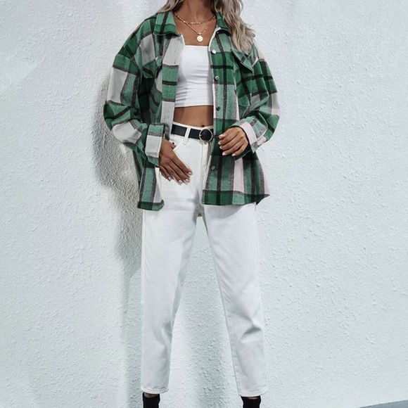 Boyfriend Fit Plaid Jacket oversized button pocket - Picture 6 of 12